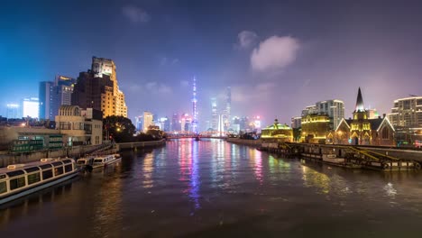 Paisaje-de-la-ciudad-de-Shanghai-en-la-noche,-lapso-de-tiempo,-4-K