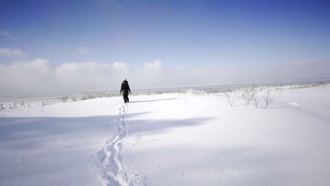 Ansicht-der-Georgian-Bay-Ontario-Kanada-im-Winter-mit-Schnee-Frau-zu-Fuß