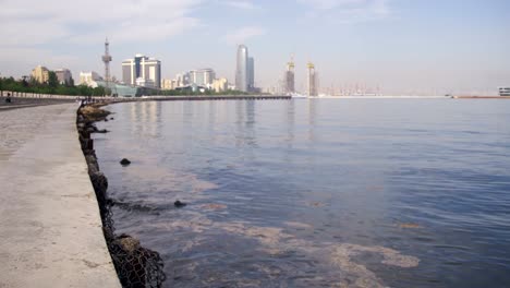 Embankment-of-Baku,-Azerbaijan.-The-Caspian-Sea-and-Skyscrapers