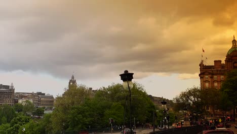 Panoramic-view-of-Edinburgh-city-at-sunset,-Scotland,-United-Kingdom,