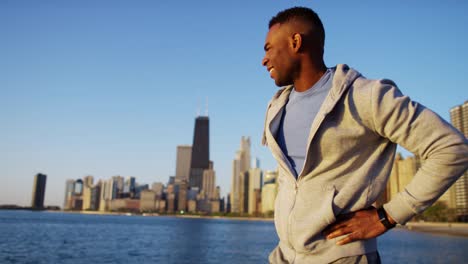 African-American-male-cardio-training-on-Chicago-shoreline