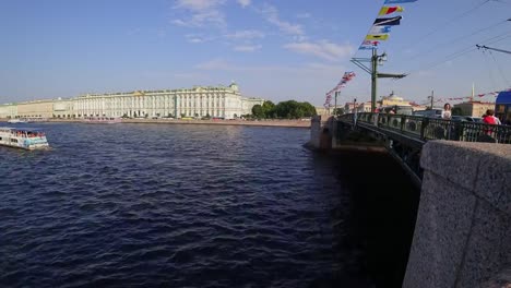 Time-lapse-view-from-Palace-Bridge-on-Neva-river,-Saint-Petersburg,-Russia.