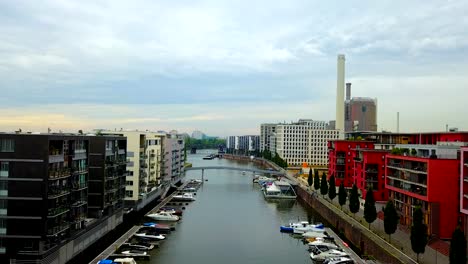 aerial-view-of--Frankfurt-city-with-river-and-skyscrapers-during-sunrise