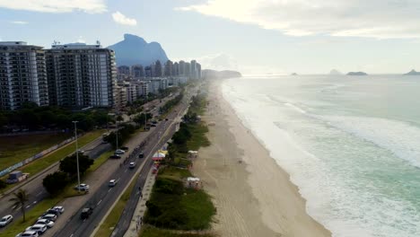 Aerial-drone-view-above-Barra-da-Tijuca-Beach,-Rio-de-Janeiro,-Brazil