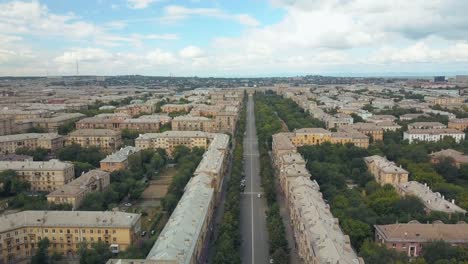 Drone-flight-over-the-main-street-of-Magnitogorsk