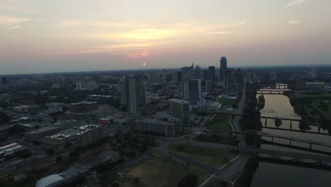 Aerial-view-of-Austin-skyline-at-nightfall---Austin,-Texas,-USA