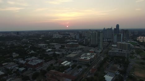 Aerial-view-of-Austin-skyline-at-nightfall---Austin,-Texas,-USA