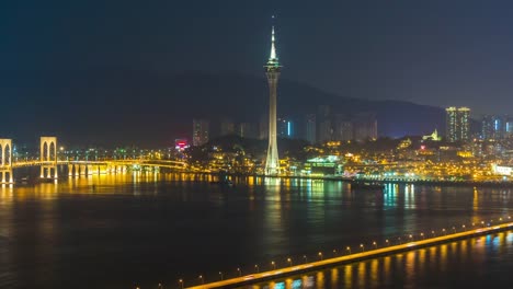 china-night-light-famous-macau-tower-taipa-bridge-road-panorama-4k-time-lapse