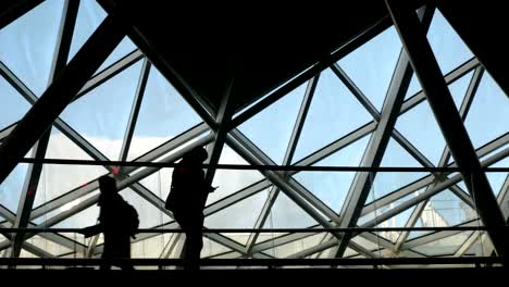 Man-using-a-phone-silhouetted-against-a-contemporary-architectural-background.