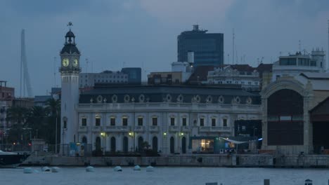 Port-Authority-buildings-with-clock-tower-in-the-harbor-of-Valencia,-Spain