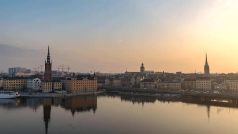 Stockholm-city-skyline-timelapse-at-Gamla-Stan-and-Slussen,-Stockholm-Sweden-4K-Time-Lapse