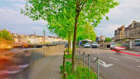 der-Schweiz-Sonnentag-Zürich-Stadt-am-Fluss-Verkehr-Straße-Bucht-Panorama-4k-Zeitraffer