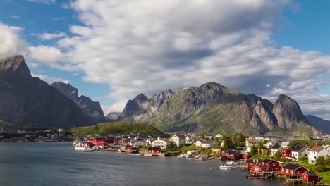 Time-lapse-view-of-Reine-fishing-village-with-mountain-range-in-the-background