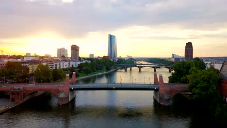 aerial-view-of--Frankfurt-city-with-river-and-skyscrapers-during-sunrise