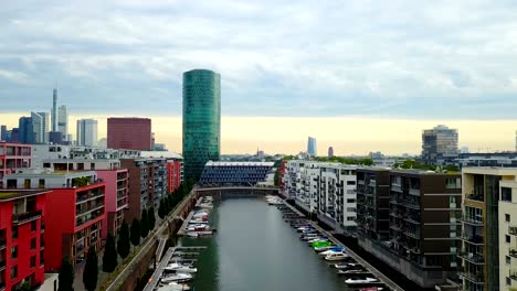 aerial-view-of--Frankfurt-city-with-river-and-skyscrapers-during-sunrise