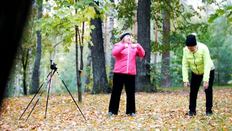 Reife-Frau-in-Jacken-Turnen-in-einem-herbstlichen-Park-nach-einem-skandinavischen-Spaziergang