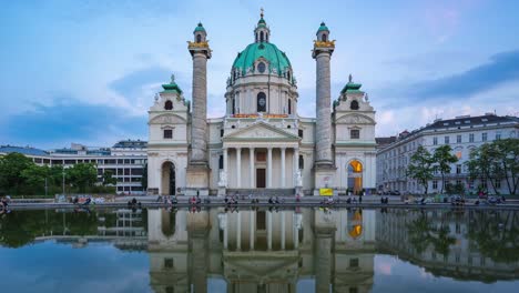 Timelapse-of-Karlskiche-Church-in-Vienna-city,-Austria-at-night-time-lapse-4K