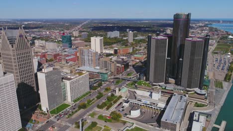 Centro-de-Detroit-Michigan-Renacimiento-vista-aérea-de-Cityscape-USA