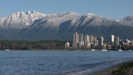 Vancouver-Towers,-Mountain-Snow,-Kitsilano-4K