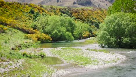 Volar-pescador-prístinas-del-río-en-Nueva-Zelanda.-Toma-ancha.