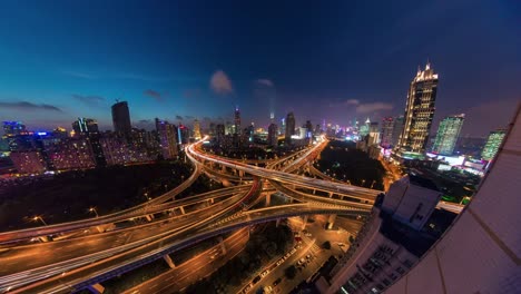 china-sunset-night-shanghai-traffic-road-junction-roof-top-panorama-4k-time-lapse