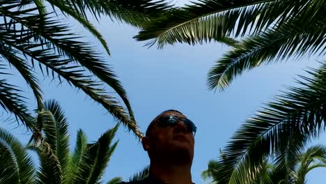 Male-with-glasses-moving-under-Palm-Trees-tropical,-forest.-4k-steadicam-shot