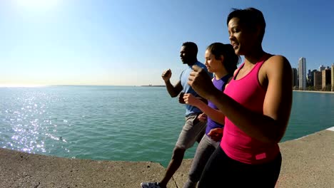 Multi-ethnischen-amerikanischen-Freunde-zu-Fuß-vom-Lake-Michigan