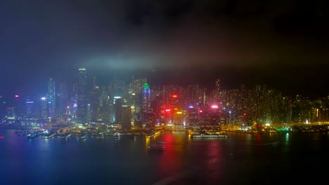 Aerial-timelapse-of-illuminated-Hong-Kong-skyline.-Hong-Kong,-China