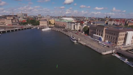 Flying-over-canal-in-downtown-Stockholm,-Sweden.-Aerial-view-of-Stockholm-city-center