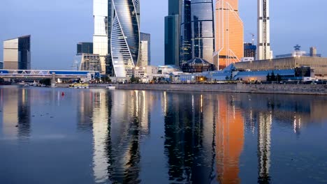 Morning-hyperlapse-of-Moscow-City-(Moscow-International-Business-Center)-and-calm-Moskva-river,-Russia.