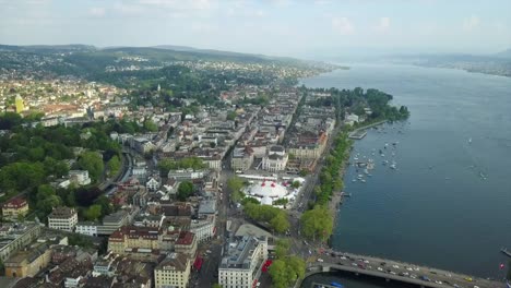 Sommertag-zurich-Innenstadt-Seeblick-Luftblick-4k-Schweiz