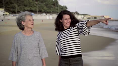 Two-happy-female-tourists-walking-on-sandy-beach.