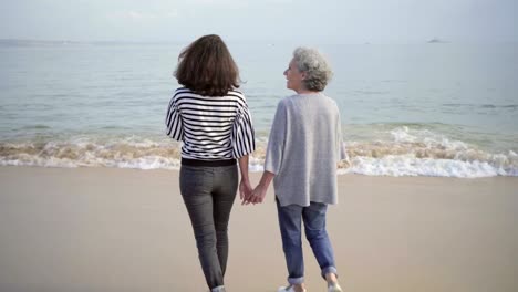 Back-view-of-two-happy-mature-ladies-holding-hands-together-while-walking-on-sandy-beach.