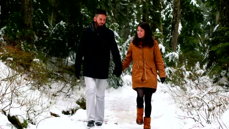 Souple-talking-while-walking-on-the-snow-covered-forest-path