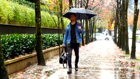 Man-holding-an-umbrella-and-walking-on-street