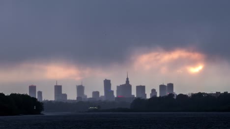 Slider-time-lapse-of-rainy-sunset-in-Warsaw-with-beautiful-skyline-above-the-Vistula-river