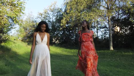 Slow-Motion-von-zwei-schönen-afroamerikanische-Frauen-Wandern-in-einem-park