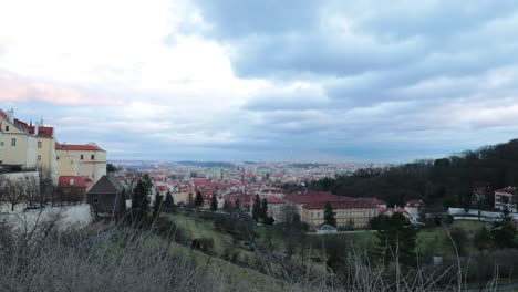 Landscape-of-old-medieval-city-of-Prague-in-Czech-Republic.-View-of-old-European-town.-Landscape-view-of-Old-Prague.-Top-view.-Architecture,-old-houses,-streets-and-neighborhoods-in-4K