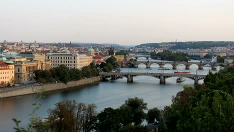 Bridges-across-river-before-sunset-in-Prague-time-lapse