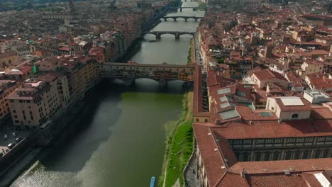 Aerial-View-of-Florence,-Italy,-The-Ponte-Vecchio-Old-Bridge-,-Arno-River-4K