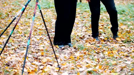 Mature-woman-doing-gymnastics-in-an-autumn-park.-Feet