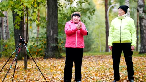 Old-woman-in-colourful-jacket-standing-and-throwing-leaves