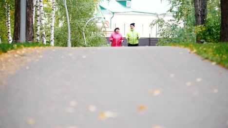 Old-women-walking-on-sidewalk-uphill-in-an-autumn-park-during-a-scandinavian-walk