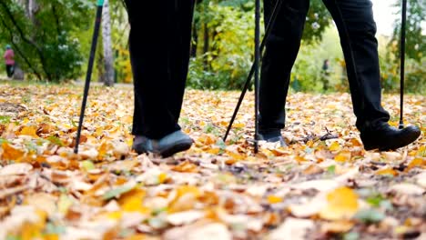 Two-elderly-women-are-doing-Scandinavian-walking-in-the-park.-Feet.