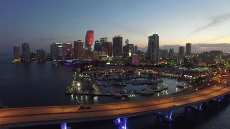 Aerial-drone-video-of-Downtown-Miami-at-dusk