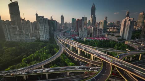 china-sunset-sunrise-traffic-road-junction-shanghai-roof-top-panorama-4k-time-lapse