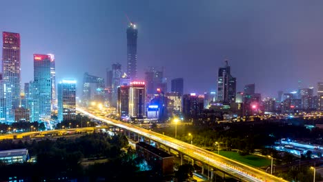 Zeitraffer-von-Jianwai-SOHO,-der-CBD-Skyline-bei-Nacht-in-Peking,-China