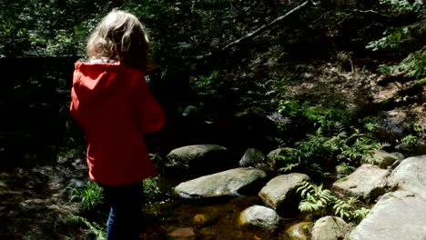 Niño-frente-a-un-arroyo-de-cristal-claro-en-un-bosque