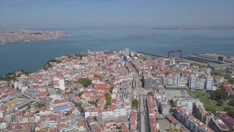 Portugal-día-soleado-tiempo-Lisboa-ciudad-Bahía-muelle-aéreo-panorama-4k