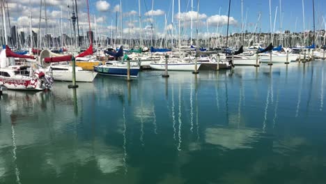 Yacht-in-Westhaven-Marina-against-Auckland-skyline